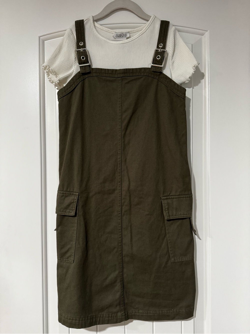 NWOT Rachel Zoe Olive Green Pinafore Dress with Buckle Straps & SS Top - Sz 10